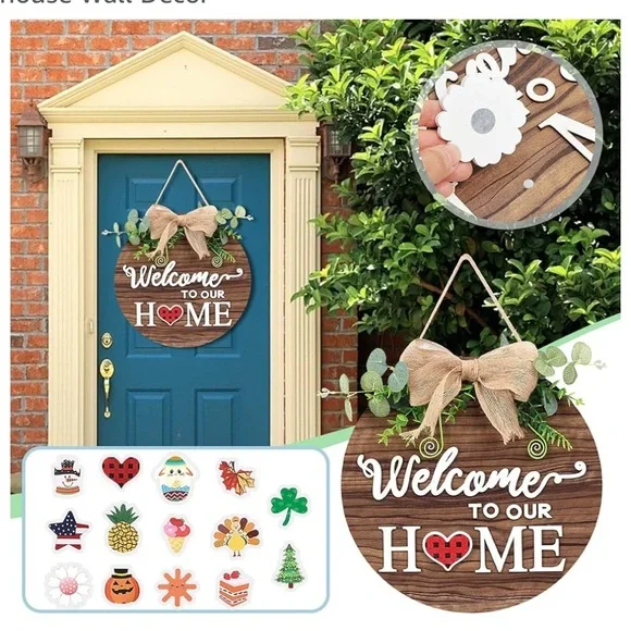 Interchangeable Welcome Sign Front Door, Seasonal Welcome Round Fall Wood Wreath - Picture 4 of 9